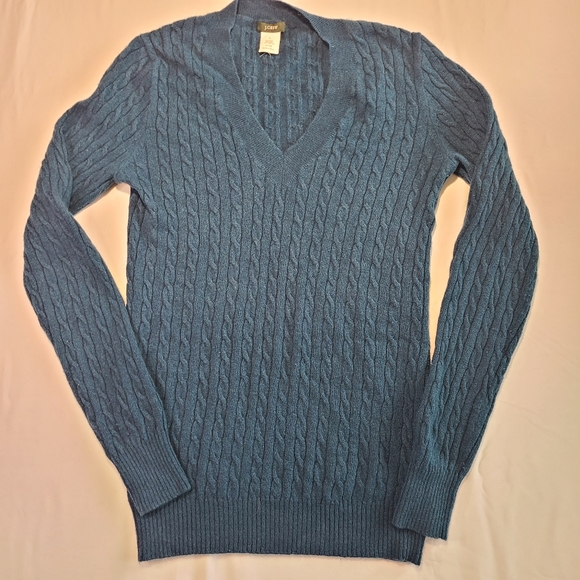 J.Crew Women's Sweater Teal Blue Cable Knit Size Small Wool Blend V-Neck - Picture 4 of 6